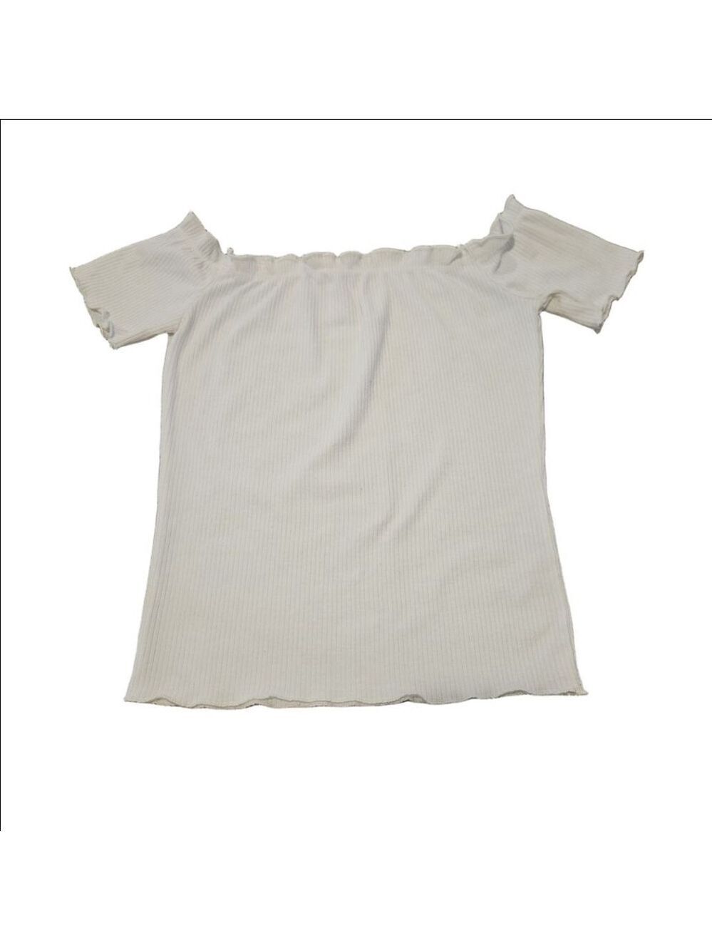 Women's IRIS White Ribbed Off-Shoulder Short Sleeve Tee S